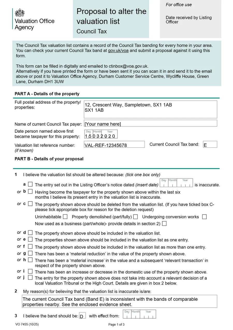 First page of the official Valuation Office Agency VO 7455 proposal form, part-filled with the property details.