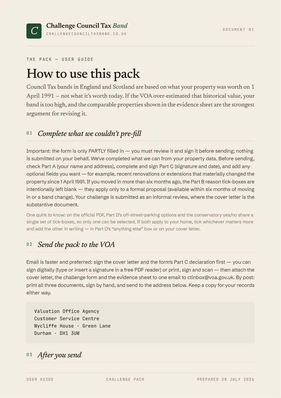 First page of the sample user guide explaining how to use the pack and what to expect from the VOA.